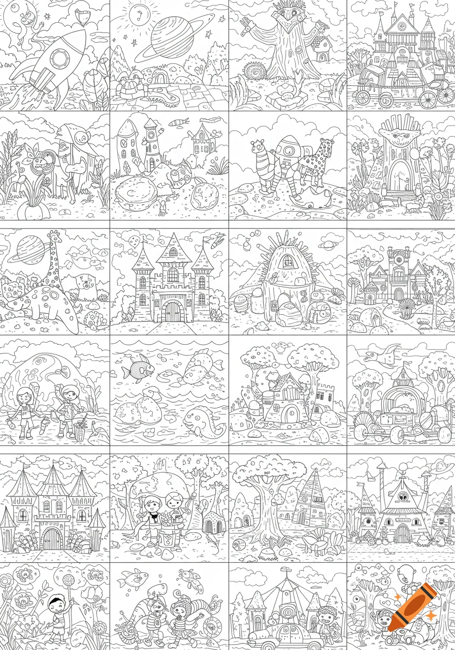 A grid of black and white line art illustrations for a children's coloring book, featuring various themes like rockets, castles, dinosaurs, underwater scenes, and whimsical characters.