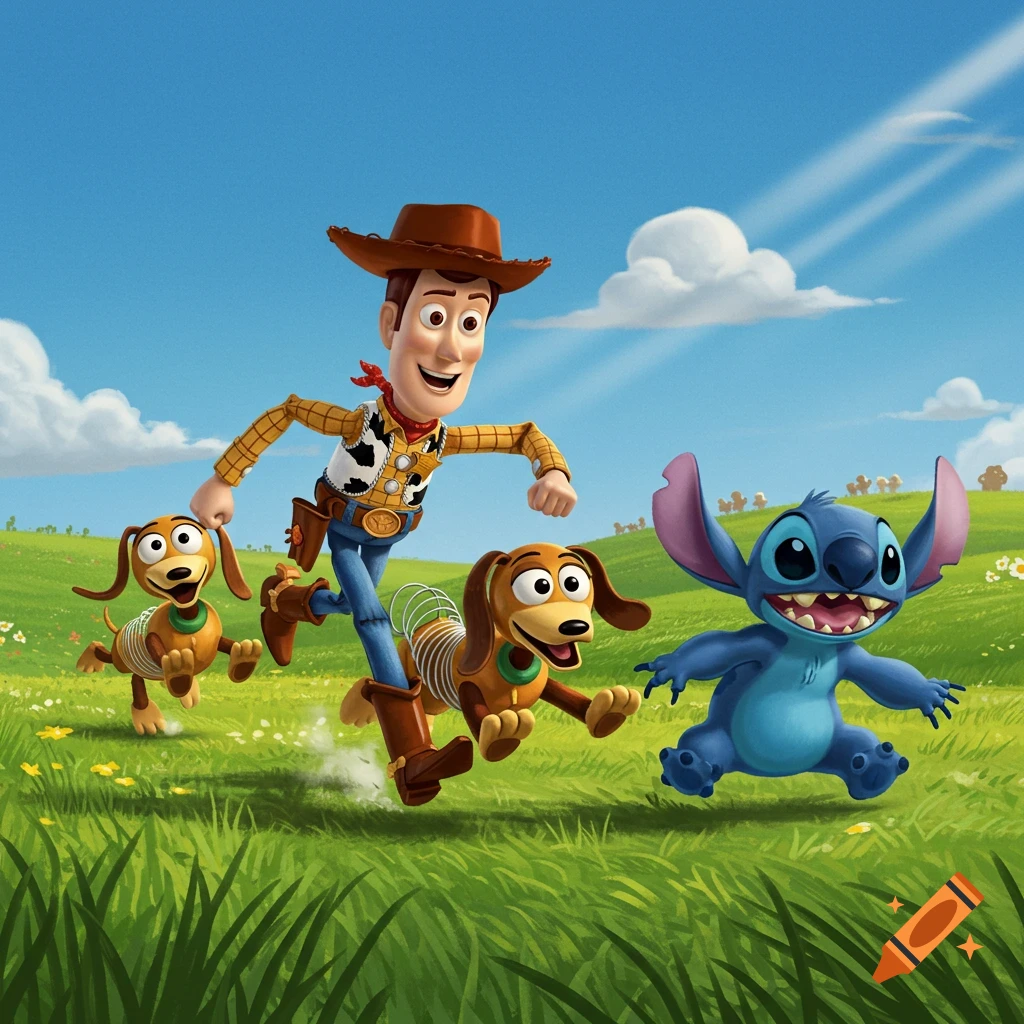 Woody, Slinky Dog, and Stitch run together through a vibrant green field under a blue sky.
