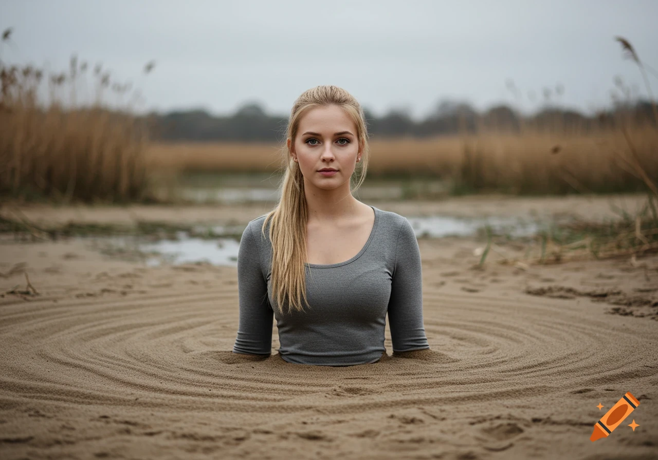 A young blonde woman is buried chest-deep in sand with circular ripples around her, looking forward.