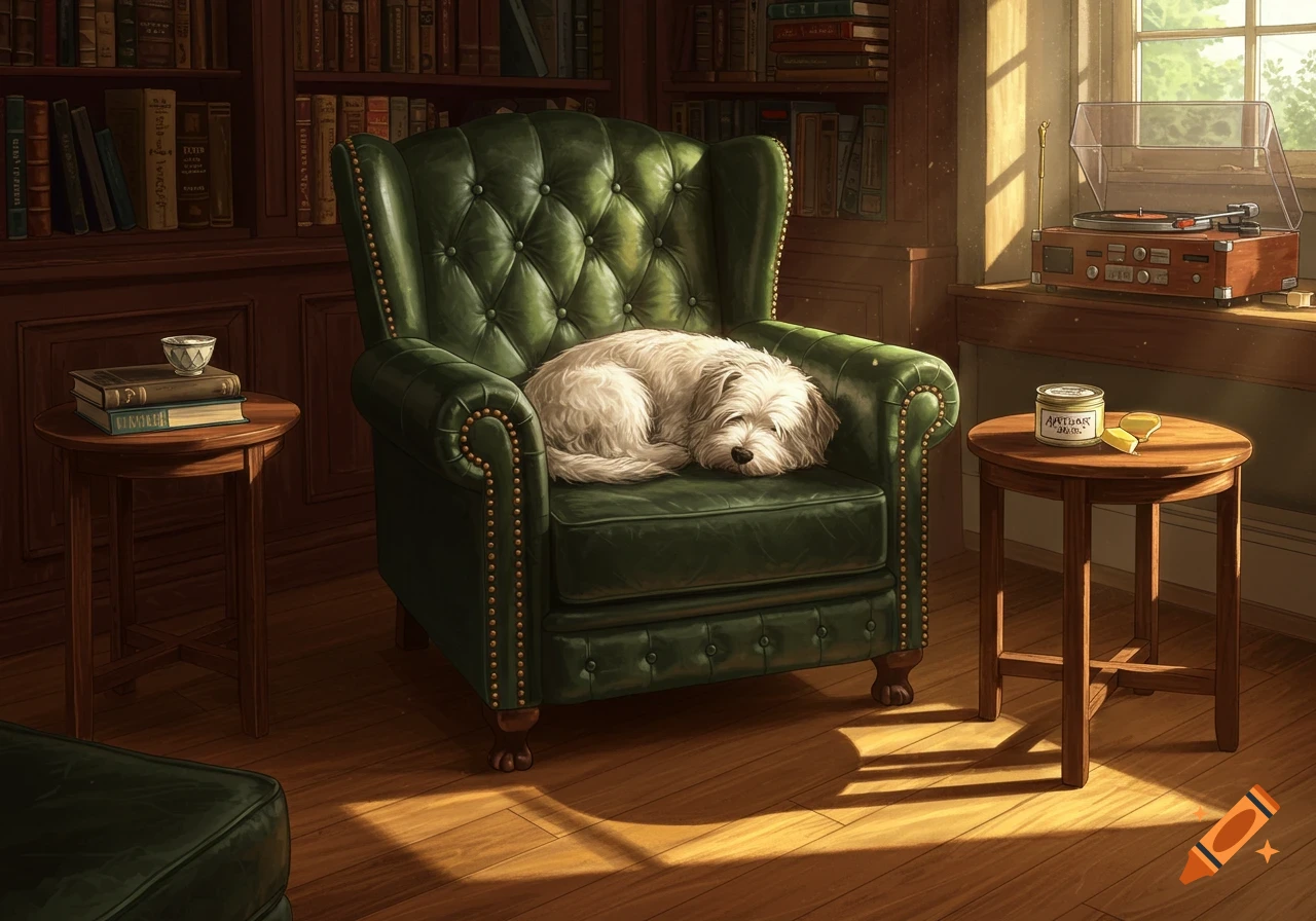 A white dog sleeps curled up on a dark green leather armchair in a cozy, sunlit room with bookshelves, a record player, and small tables.