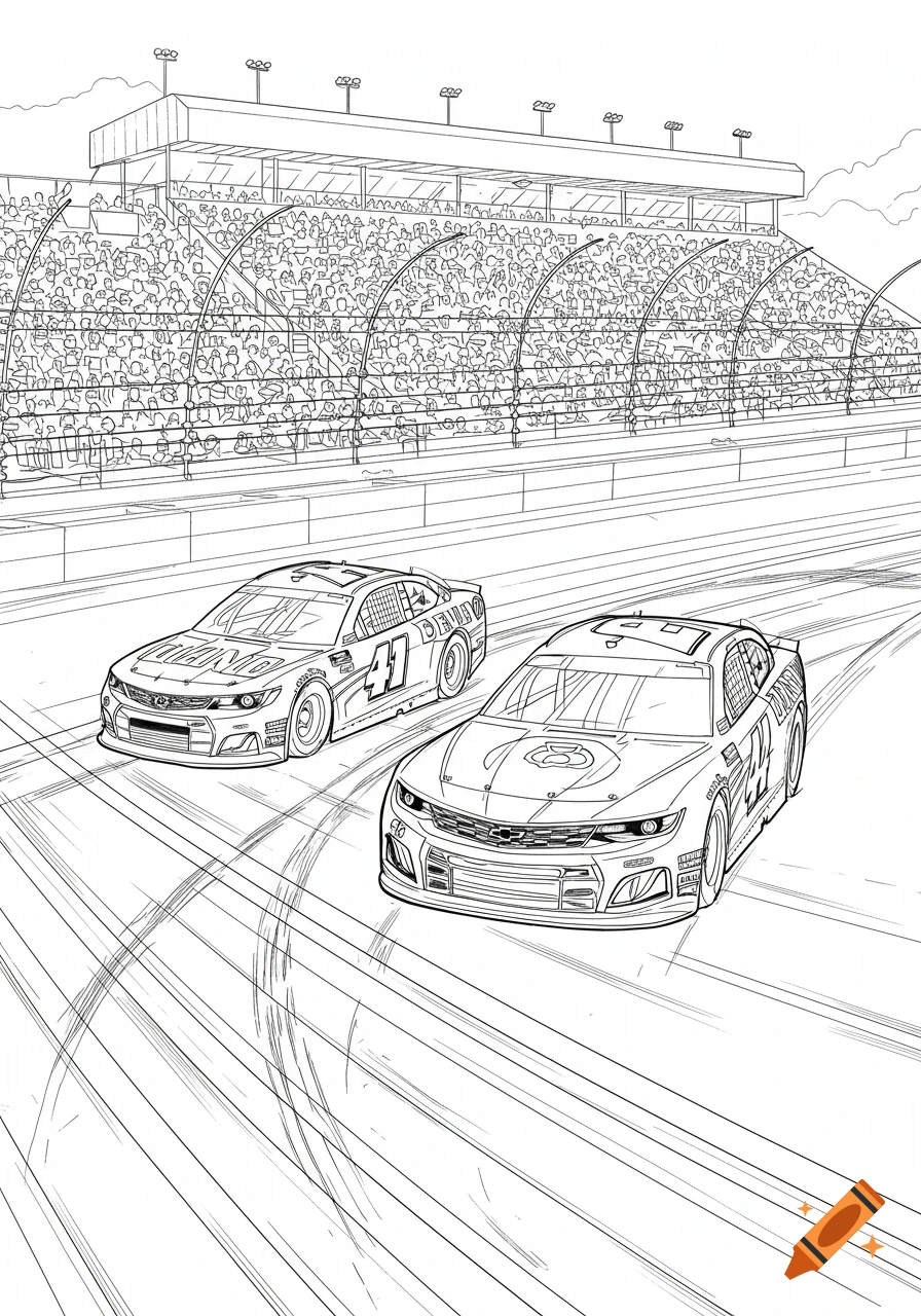 Line art drawing of two NASCAR-style race cars speeding on a track with a grandstand full of spectators.