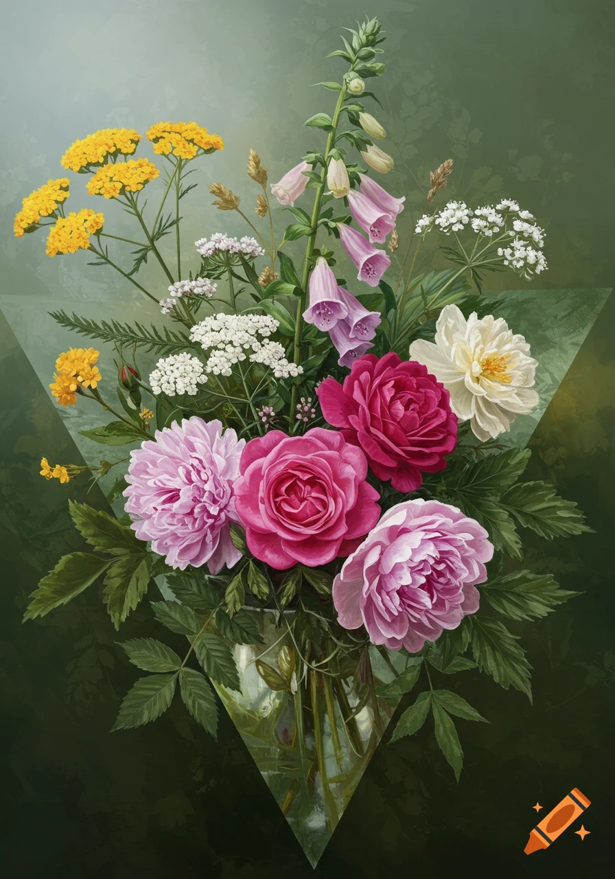 Vibrant painted bouquet of pink peonies and roses, yellow yarrow, white meadowsweet, purple foxgloves in a triangular vase.