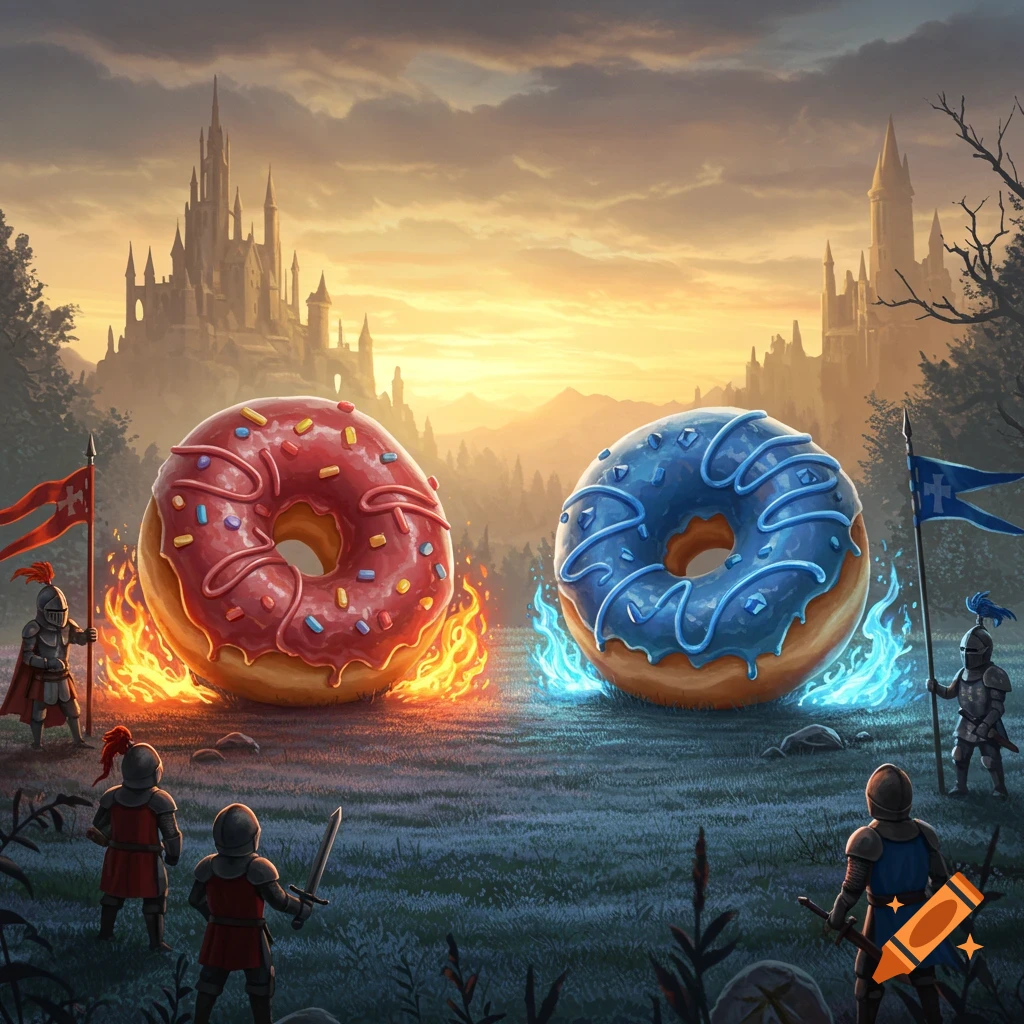 Fantasy art of giant red and blue donuts glowing with fire and ice, flanked by medieval knights in a field with castles at sunset.
