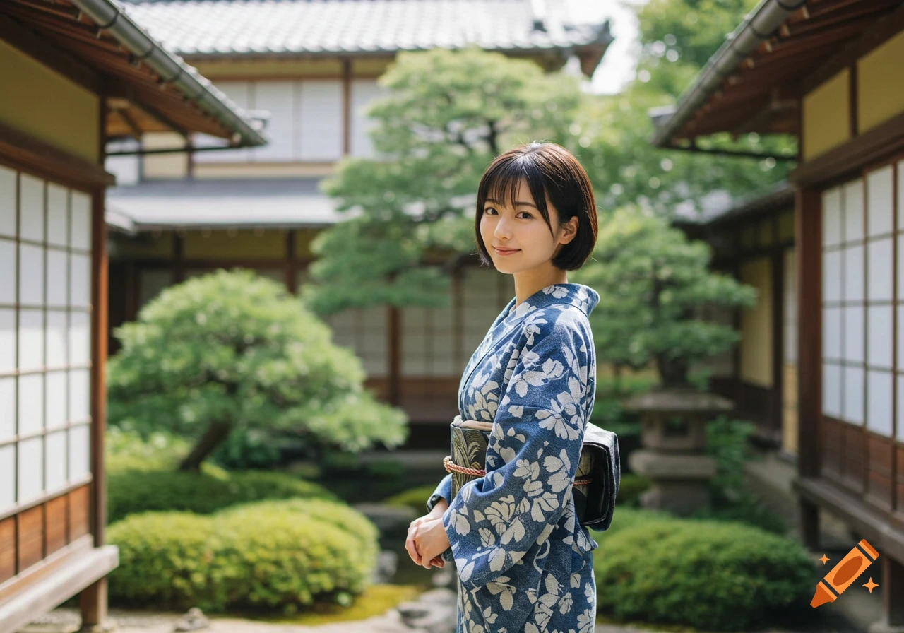 A smiling Japanese woman in a blue and white kimono stands in a traditional Japanese garden.