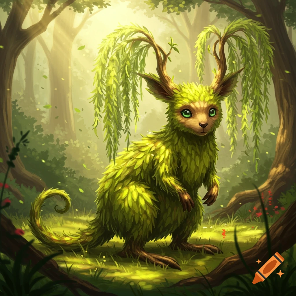 A cute, green, leaf-covered fantasy creature with branch antlers and big green eyes stands in a sunlit forest.
