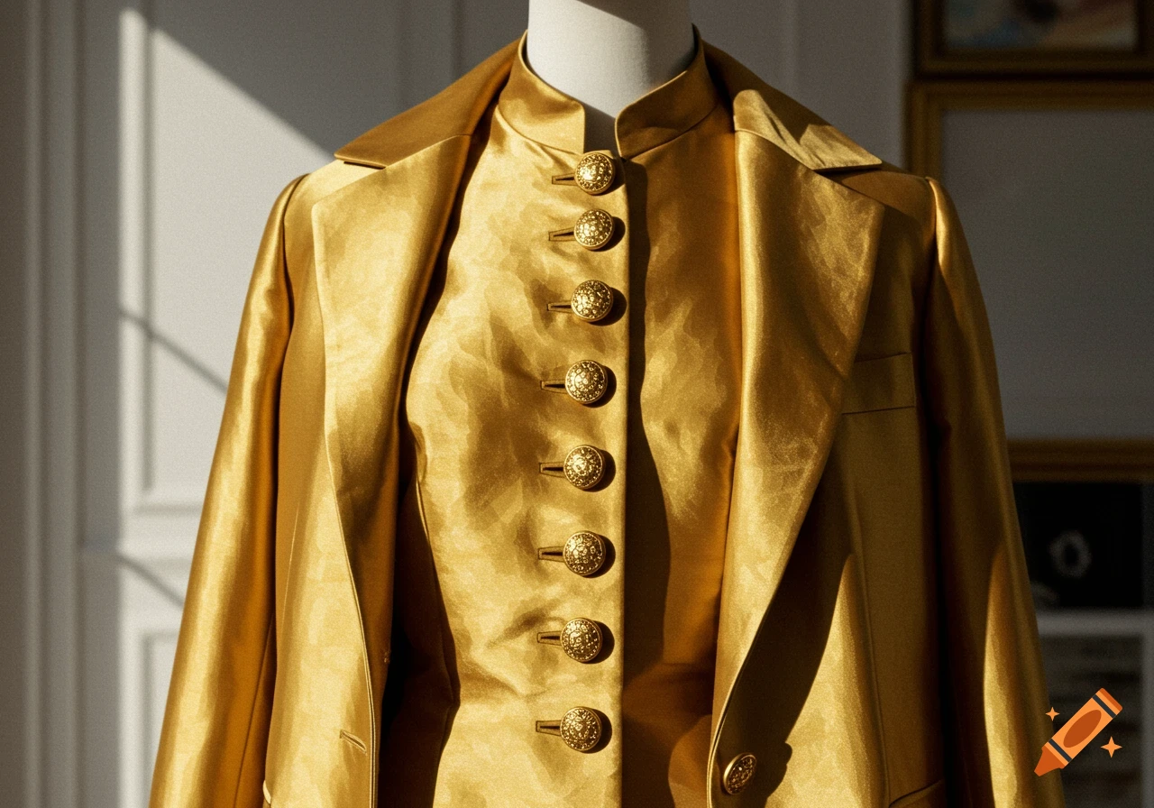 A close-up of a shimmering gold silk coat with ornate gold buttons on a mannequin, illuminated by sunlight.