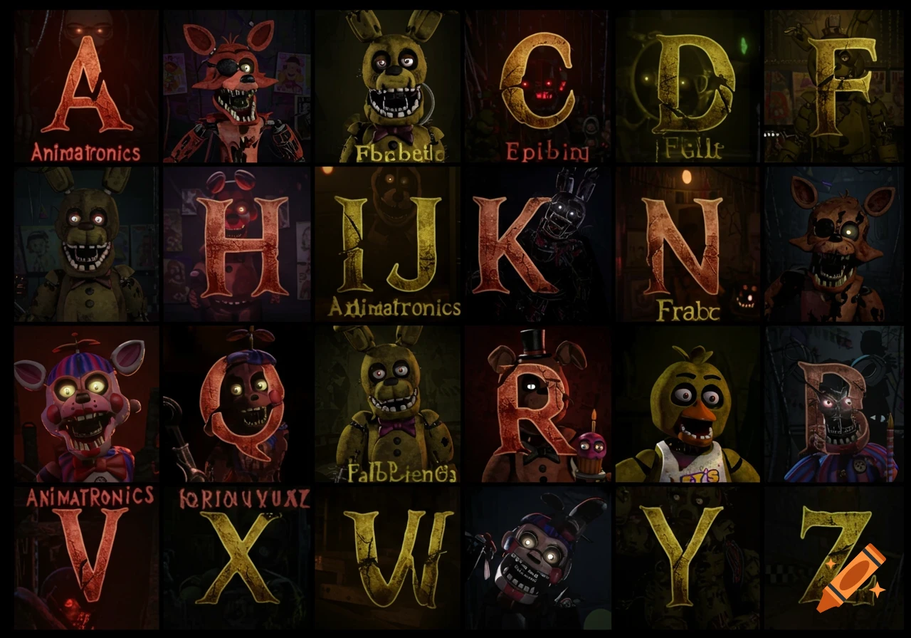 An alphabet chart featuring 26 squares, each with a letter and a different scary animatronic character from Five Nights at Freddy's.