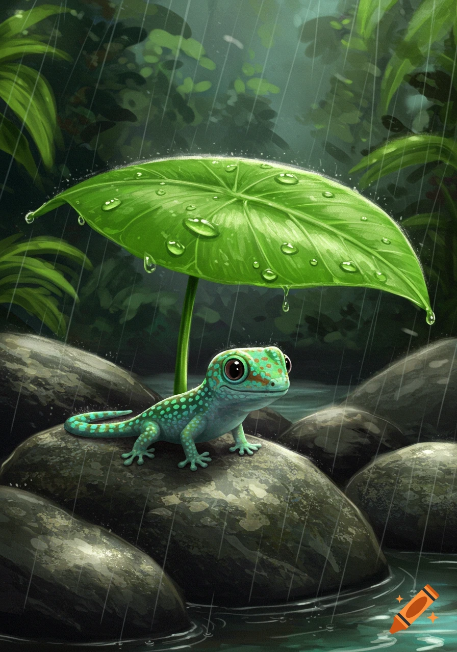 A cute blue and green gecko sits on a wet rock under a large green leaf acting as an umbrella in the rain.