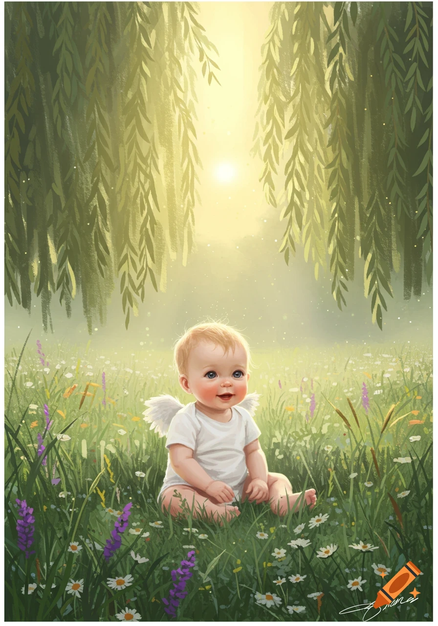 A happy baby with tiny white wings sits smiling in a sunlit field of green grass and wildflowers under weeping willow trees.