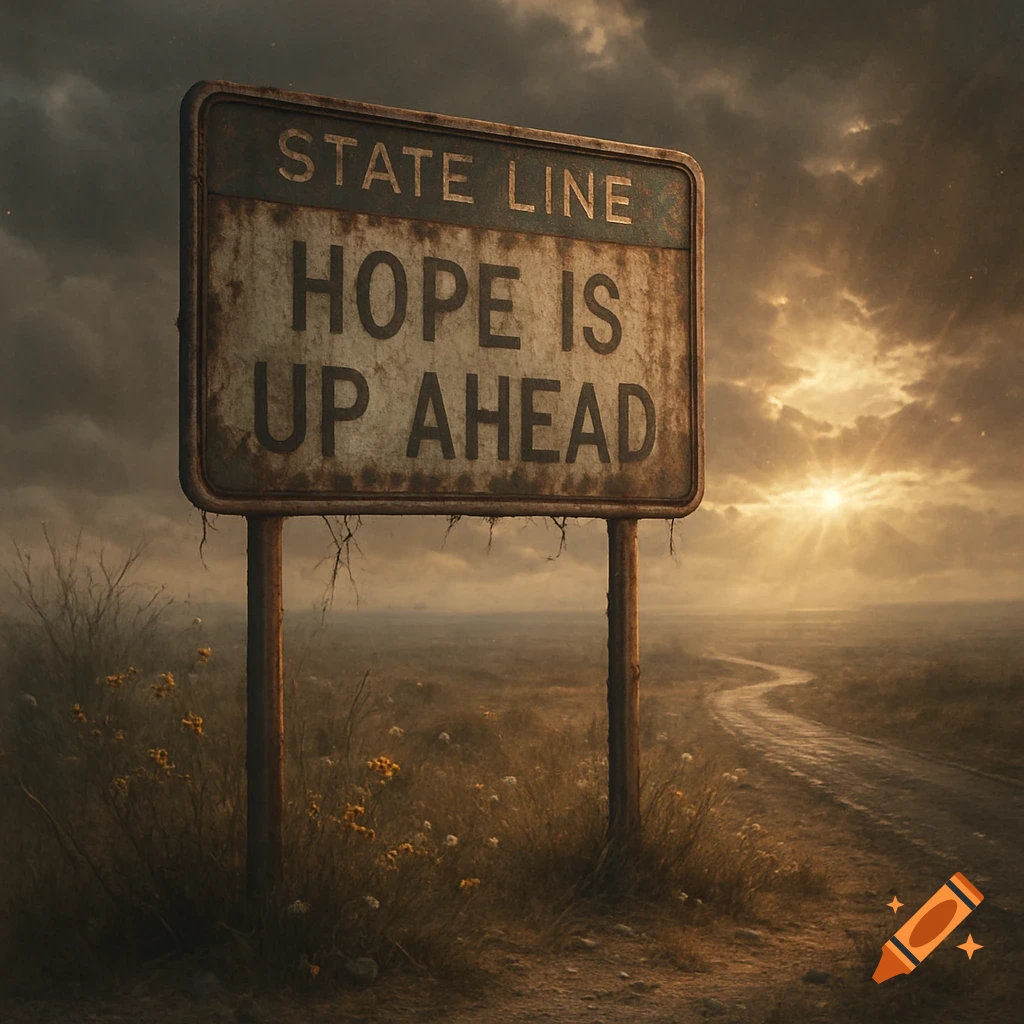 A weathered road sign reads 'STATE LINE HOPE IS UP AHEAD' in a desolate landscape with a winding dirt road and dramatic sunset.