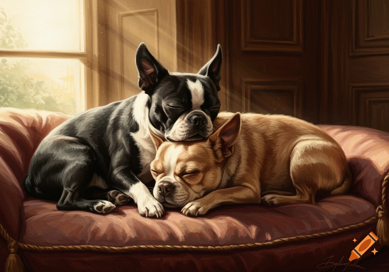Two Boston Terriers, one black and white, one tan and white, cuddle asleep on a plush red couch in a painterly style.