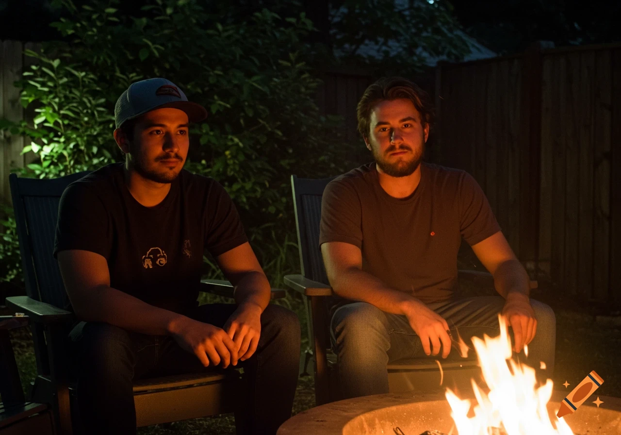 Two men sit around a glowing campfire at night in a backyard, illuminated by the flames.
