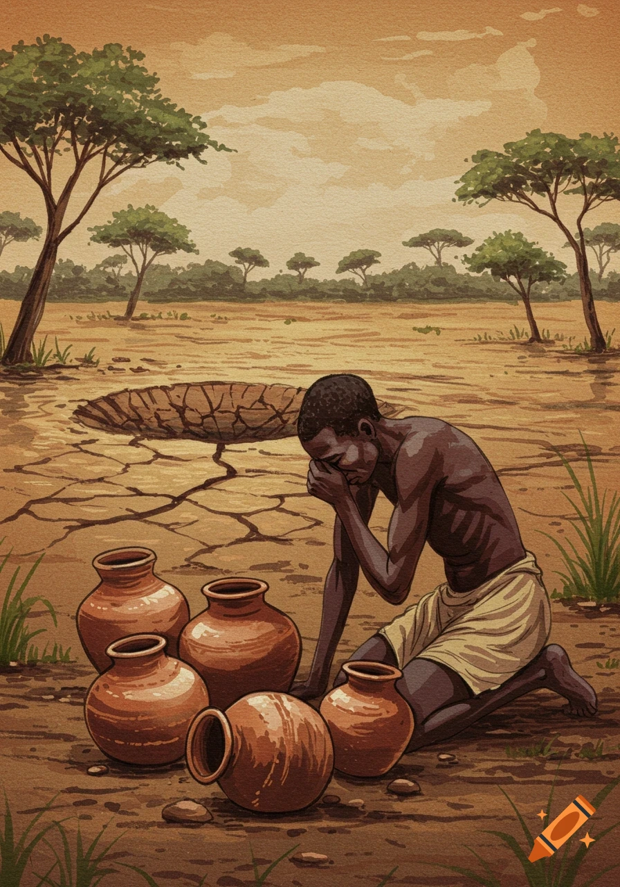 Hand-painted illustration of a grieving African man kneeling by empty water jars on cracked, dry earth under a muted sky.