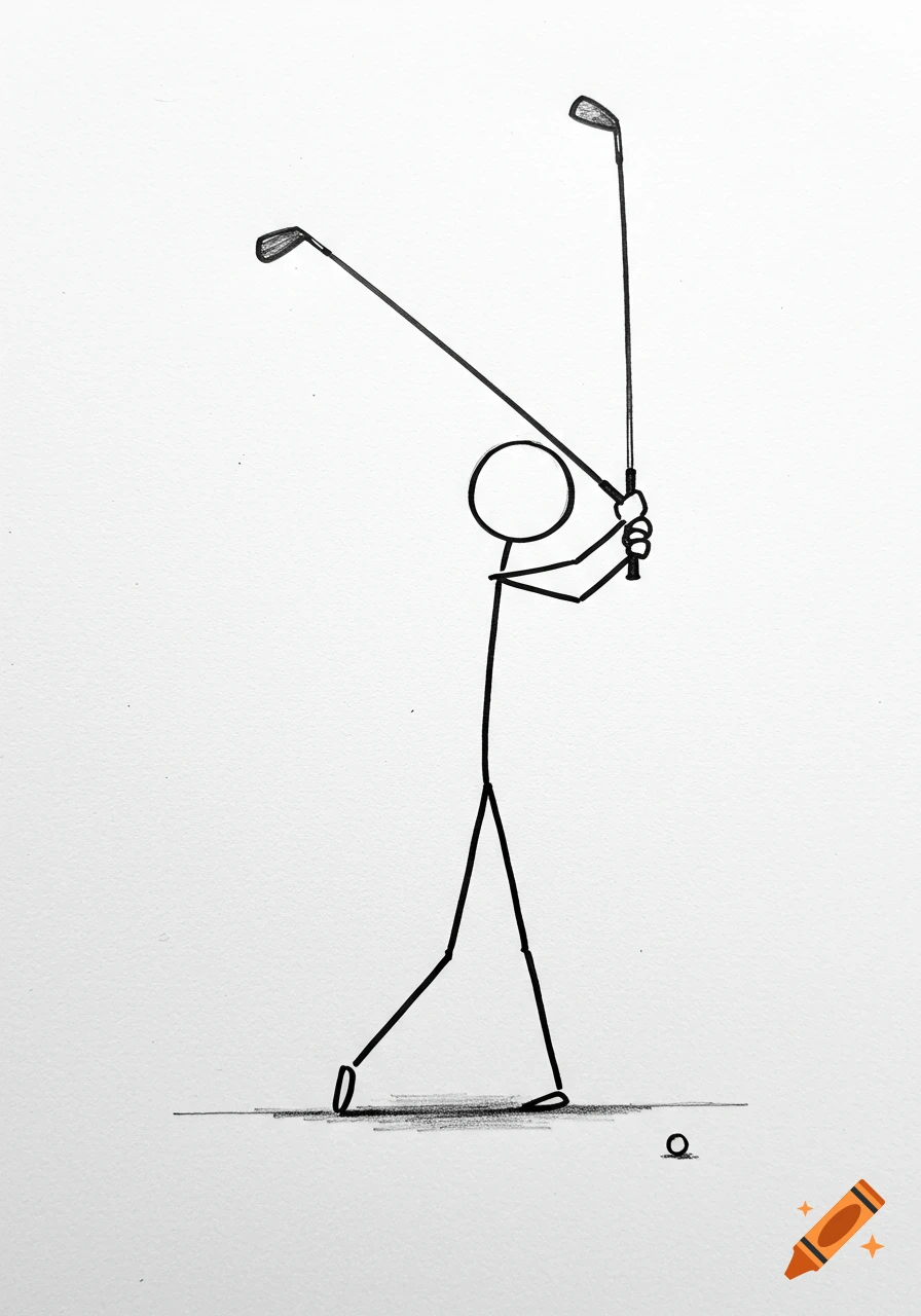 A black and white pencil drawing of a stick figure swinging a golf club.