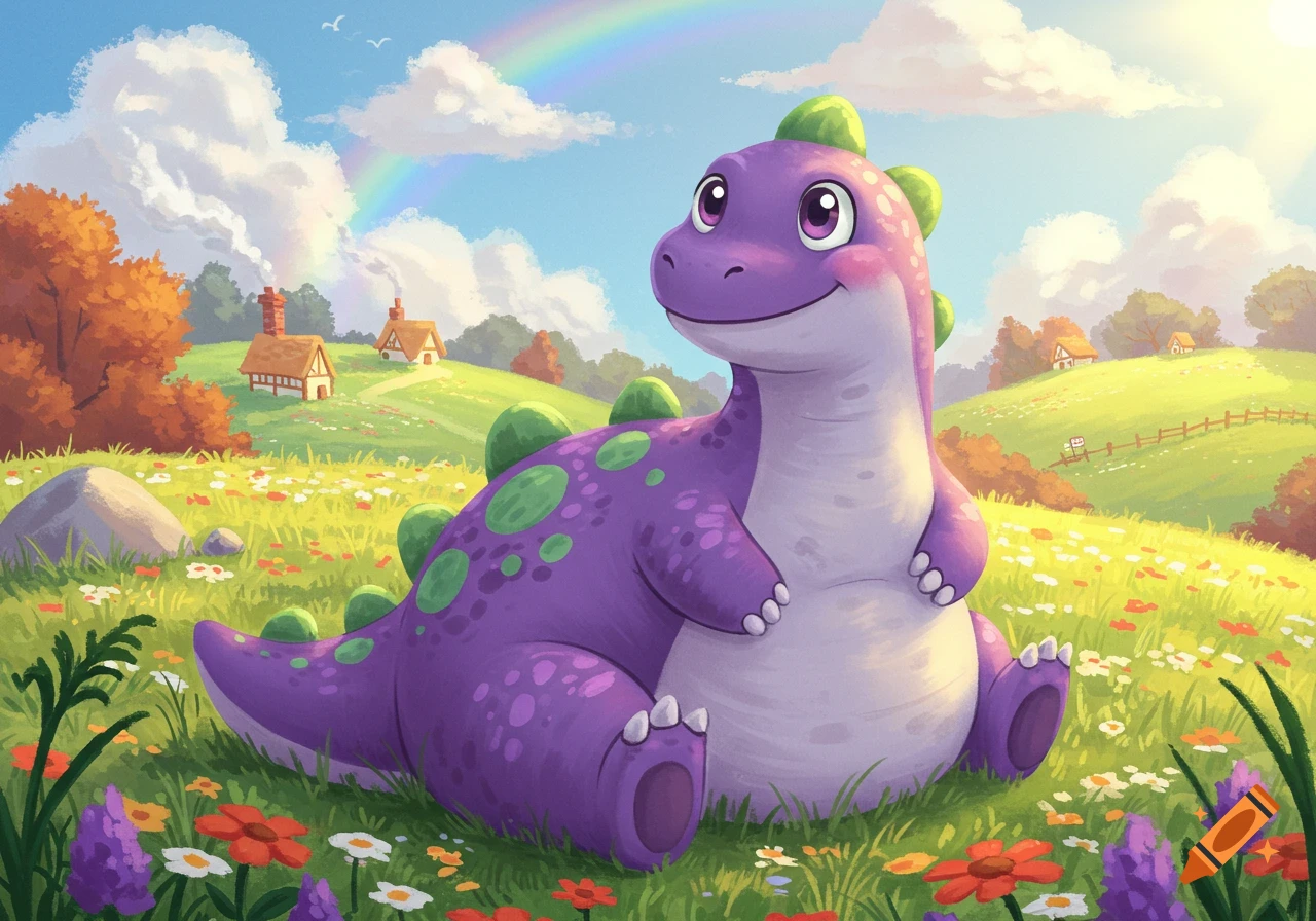 A cute purple dinosaur with green spots sits in a vibrant grassy field with flowers, a rainbow, and houses in the background, cartoon style.