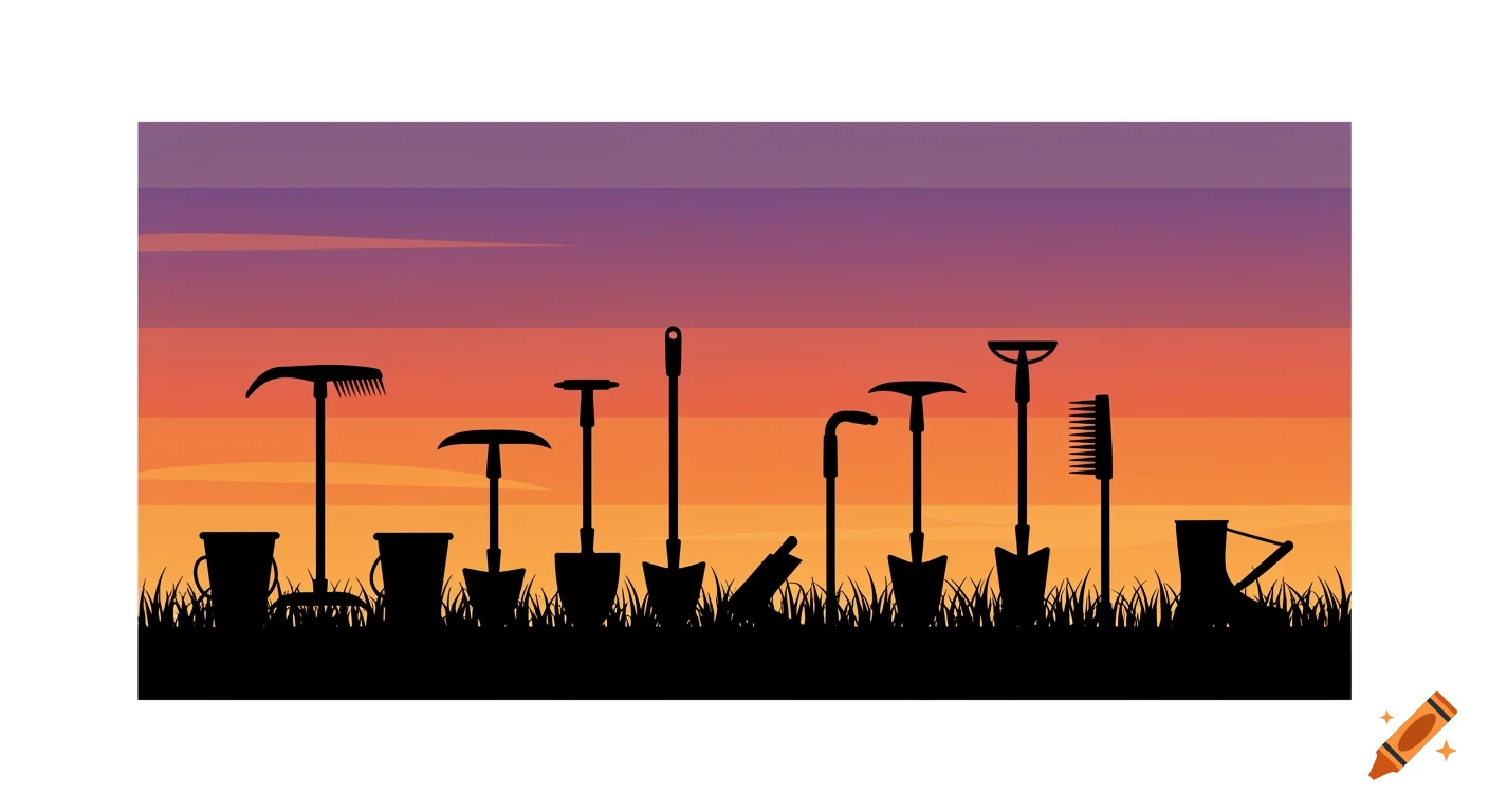 Silhouettes of various garden tools and buckets stand in grass against a vibrant orange and purple sunset sky illustration.