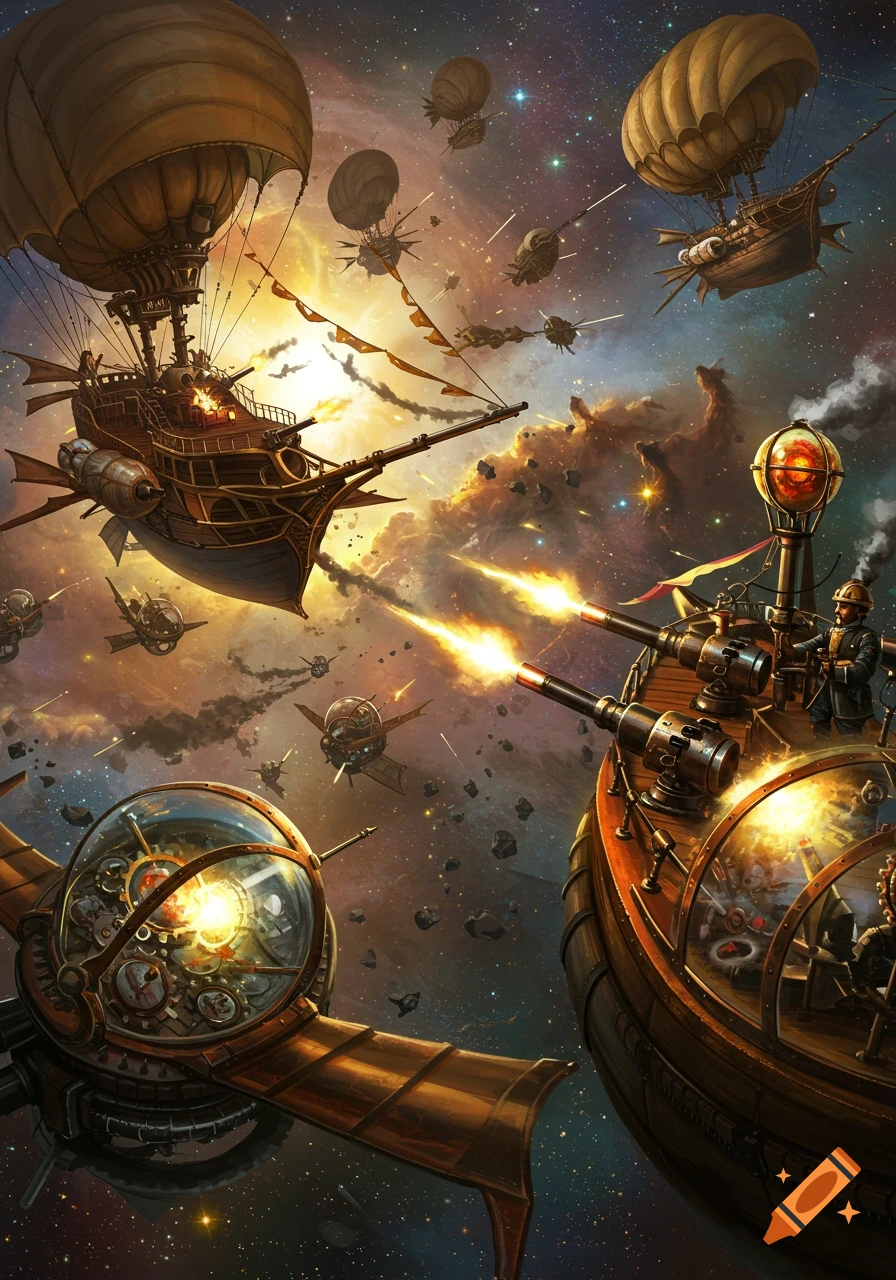 A vibrant steampunk space battle unfolds with ornate airships firing cannons amidst asteroids and nebulae in a starry sky.