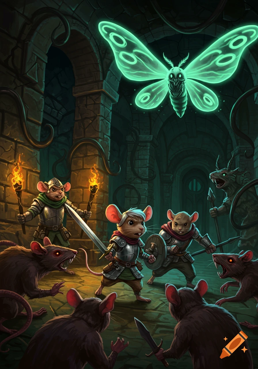 Armored mice battle evil rats in a dark dungeon, illuminated by torches and a giant glowing moth above.