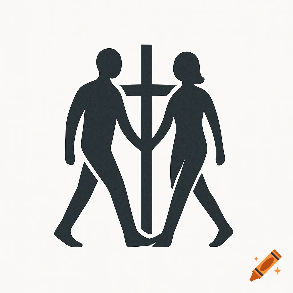 A black silhouette logo showing two stylized people walking with a cross between them, holding hands.