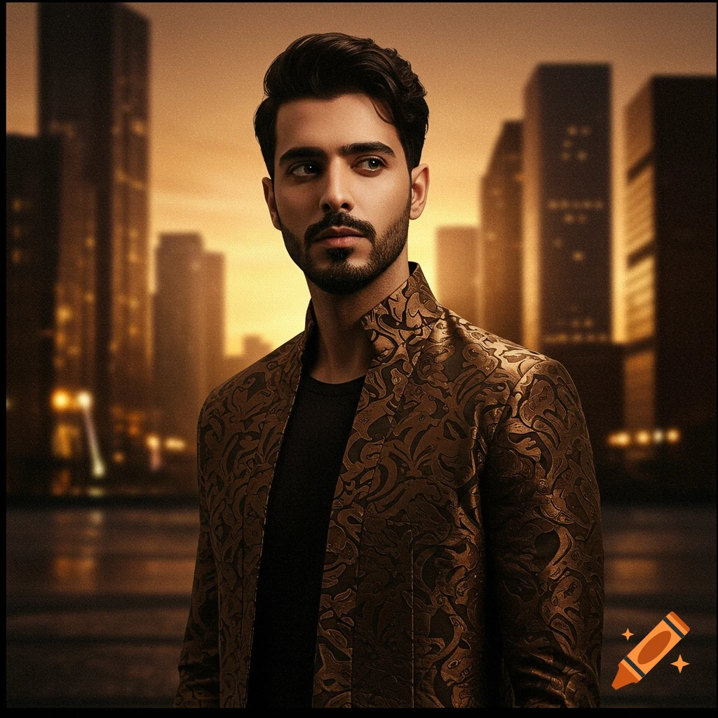 A man with a beard wearing a gold patterned jacket stands against a blurred city skyline at sunset.