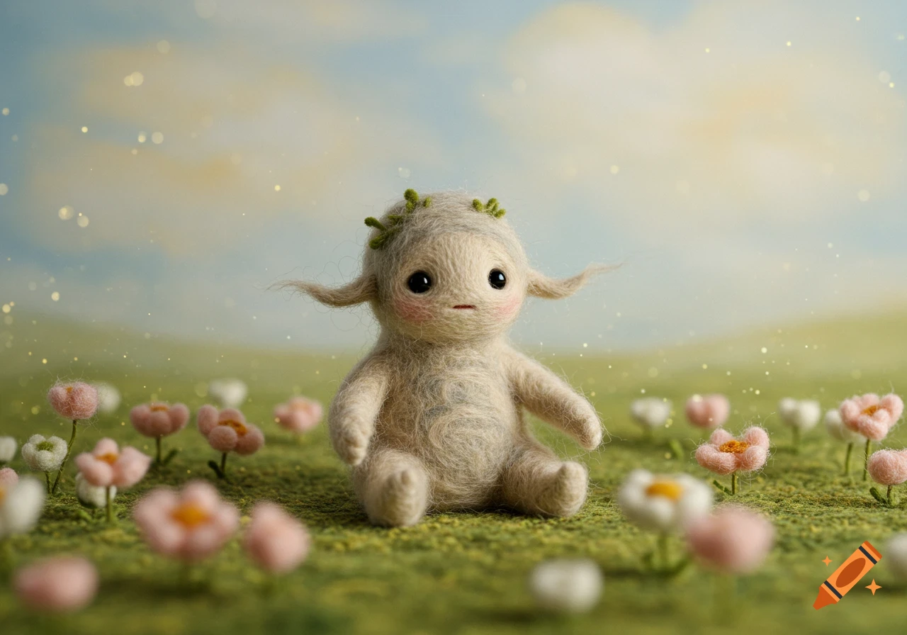 A whimsical, needle-felted creature with big eyes and a small mouth sits among pink and white felt flowers in a soft, dreamy field.