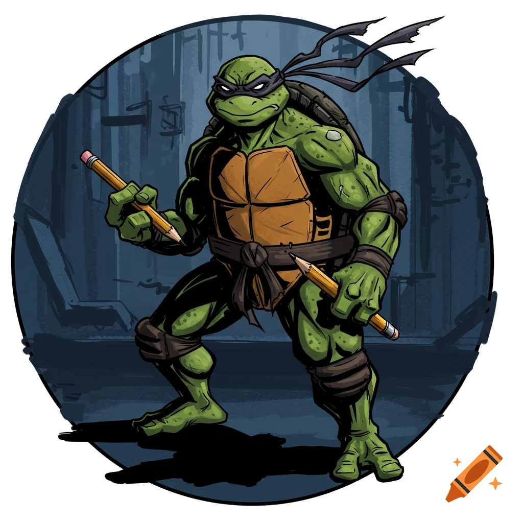 A muscular ninja turtle with a black mask holds two pencils against a dark, circular, comic-style background.