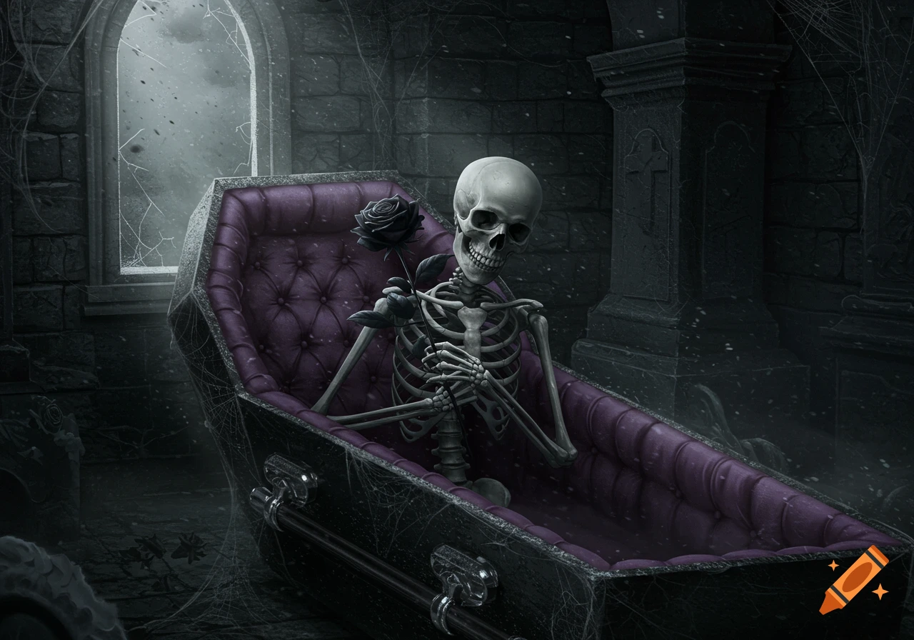 A skeleton sits in a purple-lined coffin, holding a black rose in a dark, cobweb-filled room with a gloomy window.