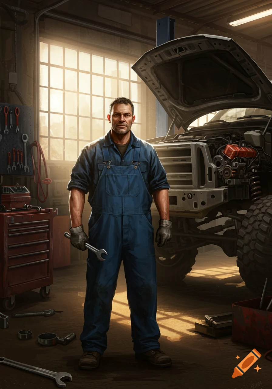 A male diesel mechanic in blue overalls stands in a garage with an open hood truck and tools, looking at the viewer. Photorealistic style.