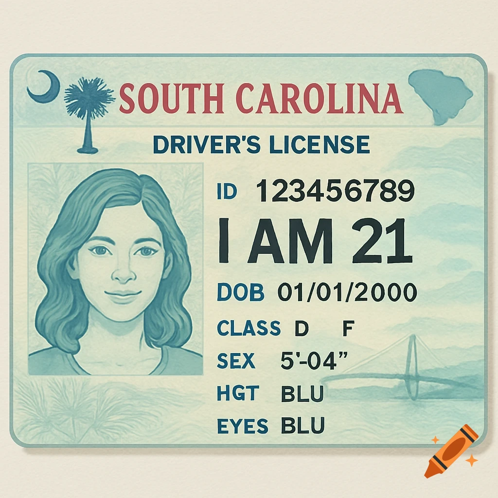 Illustrated South Carolina driver's license with a woman's portrait and text 'I AM 21' and 'ID 123456789'.