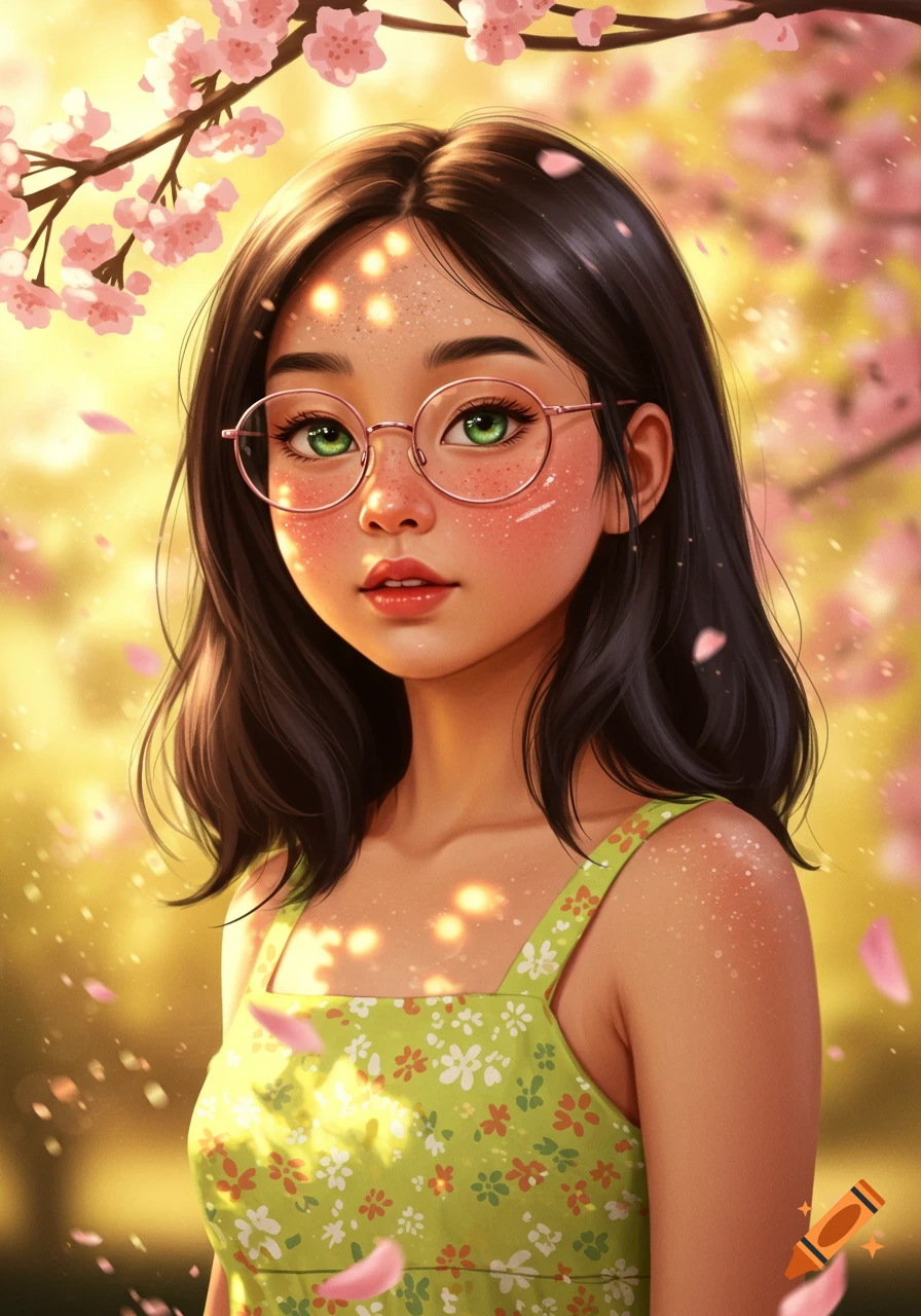 Anime-style portrait of a young Asian girl with green eyes and glasses, standing under cherry blossoms in golden light.