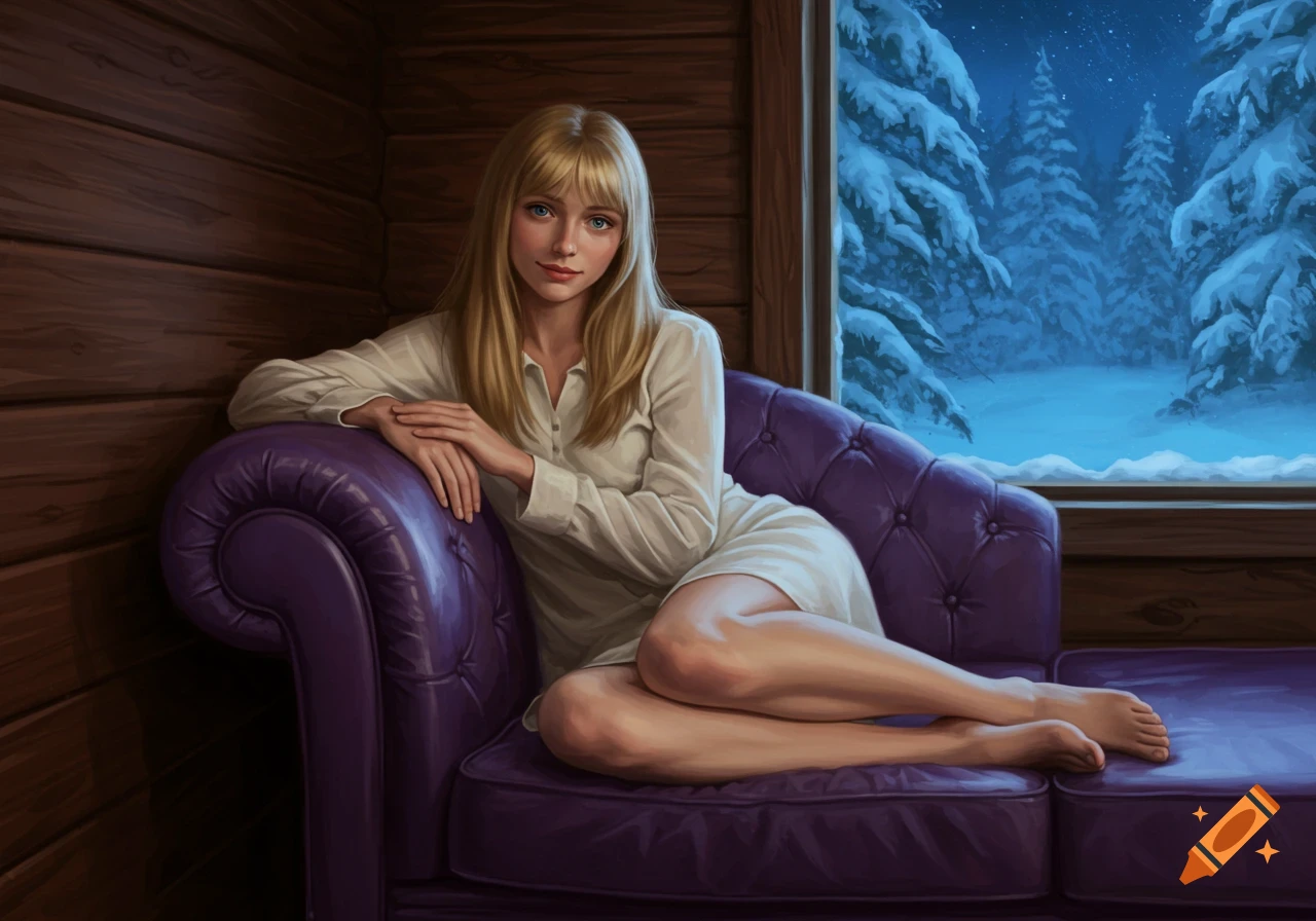 A blonde woman in a white shirt reclines on a purple couch in a cabin, looking out a window at a snowy forest at night. Digital painting.