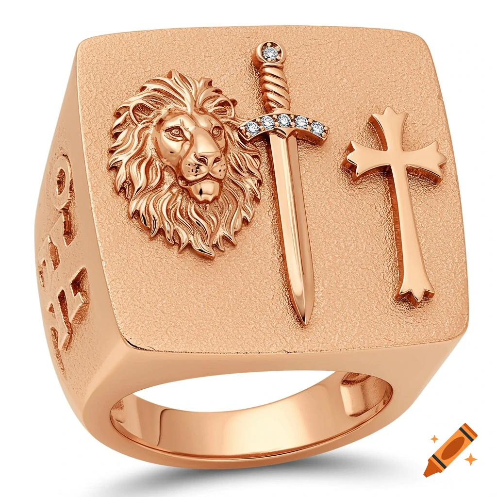 Rose gold ring with a detailed lion's head, diamond-studded sword, and a cross on its square face.