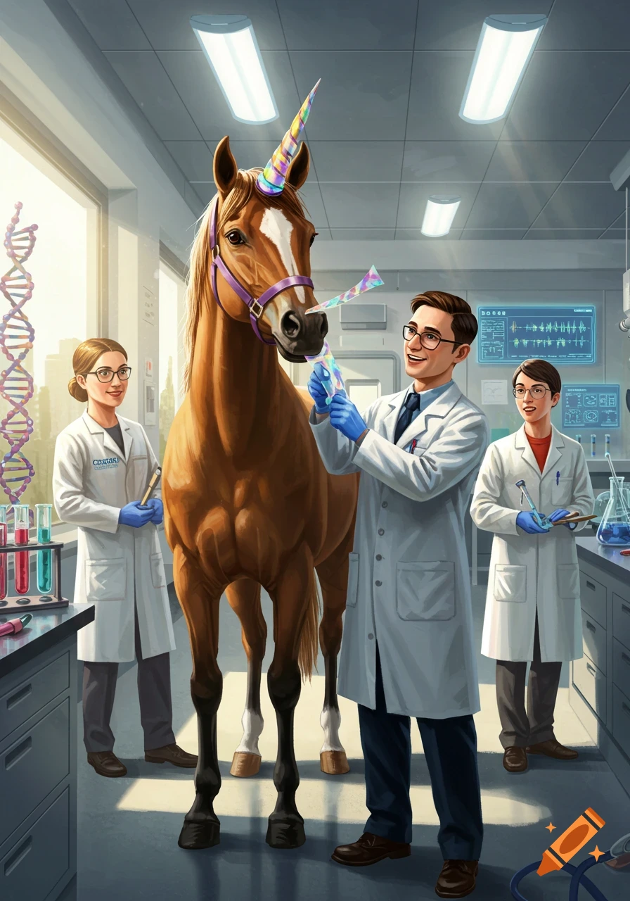 Scientists in a lab playfully attach a rainbow party horn to a brown horse's nose to create a unicorn, with a DNA strand in the background, illustrated style.