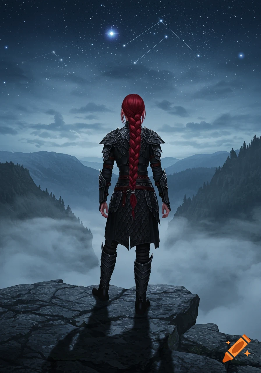A red-braided figure in black armor stands on a cliff overlooking a misty mountain valley under a starry night sky with constellations.