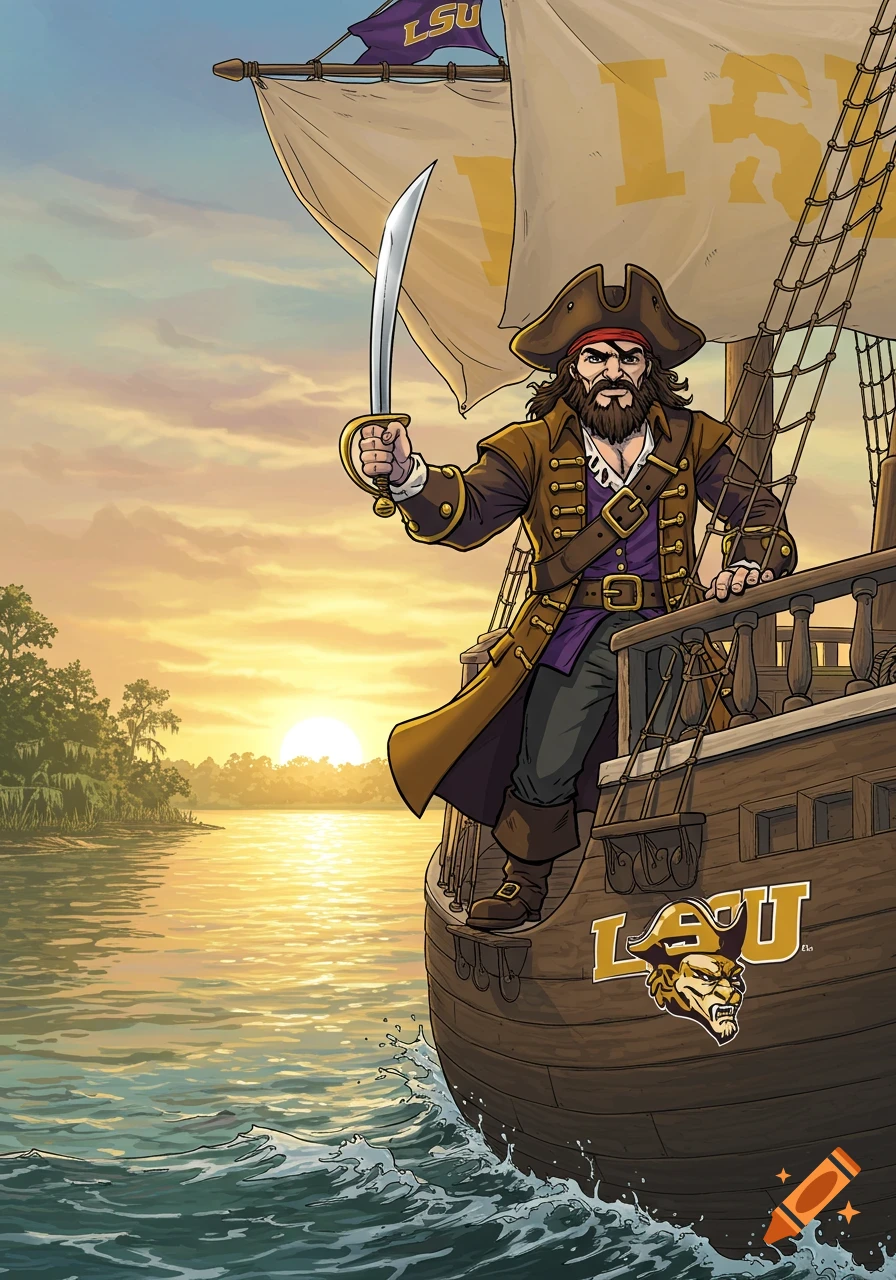 Cartoon of a bearded pirate holding a sword on a boat with LSU logos, sailing on a river at sunset.