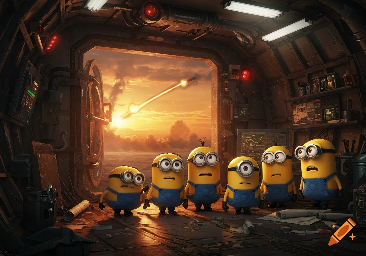 Six Minions in a dark, metallic bunker look out through a large circular hatch at a missile streaking across an orange sunset sky over the ocean. Photorealistic animation style.