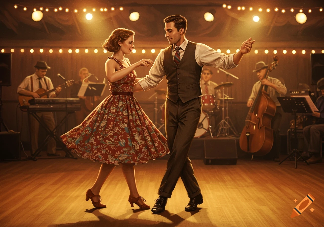 A man and a woman in vintage attire swing dancing on a wooden floor, with a live band playing in the background.