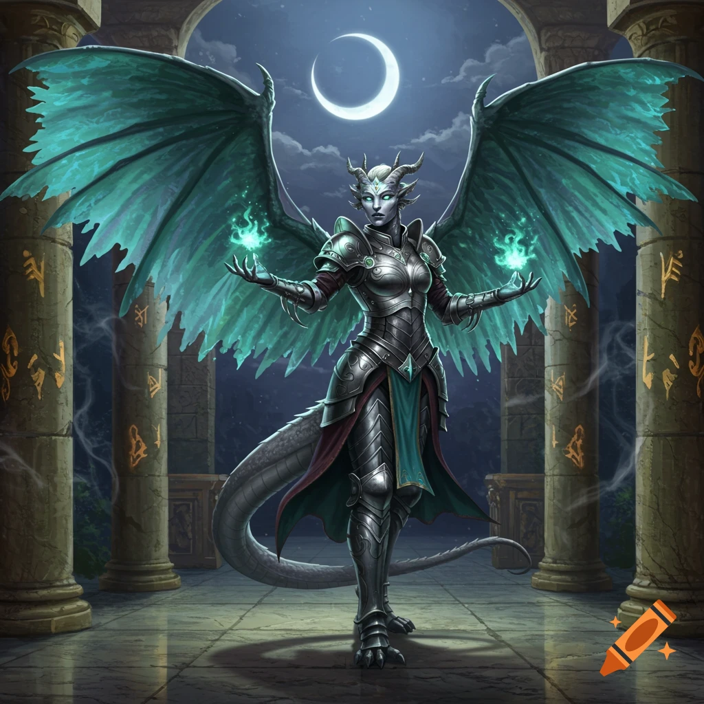 A silver dragonborn cleric with large teal wings stands in a moonlit temple, casting green magic.