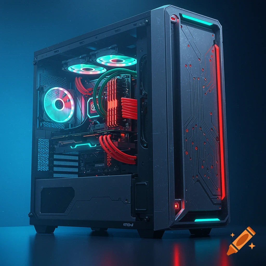 A black gaming PC computer case with vibrant red and teal RGB lighting, showcasing internal components like fans and wiring.