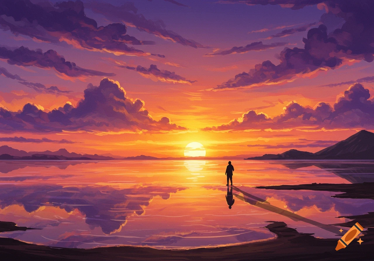 A lone person stands on the shore, silhouetted against a vibrant orange and purple sunset over a tranquil lake with reflections and distant mountains.
