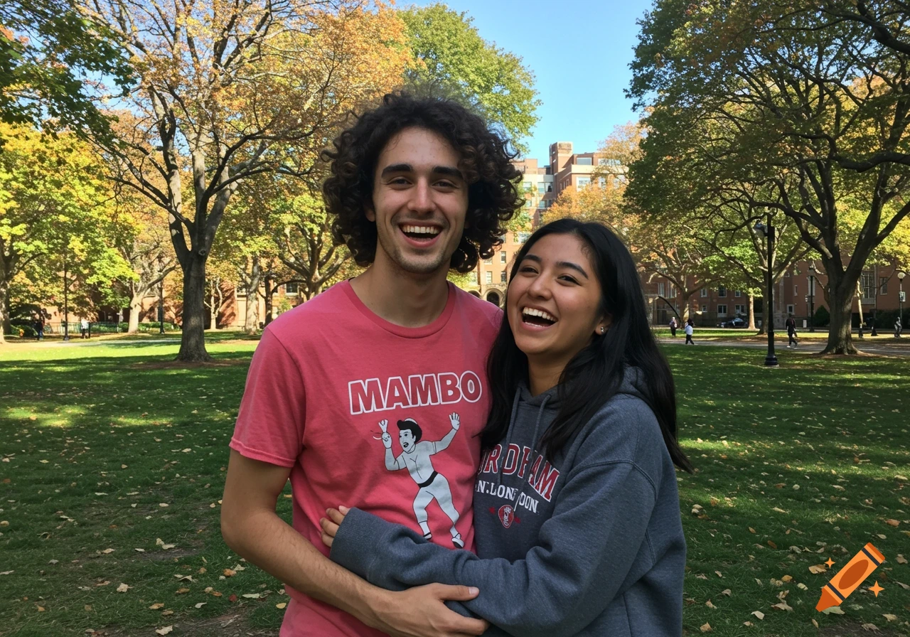 A happy young man with curly hair in a red Mambo shirt and a young woman with long dark hair in a grey Fordham hoodie laughing and hugging outdoors.