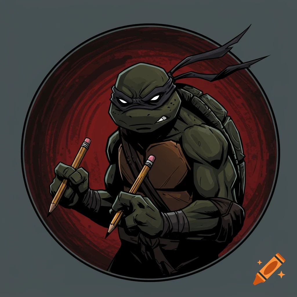 A comic-style ninja turtle with a black mask holds two pencils against a red swirling background.