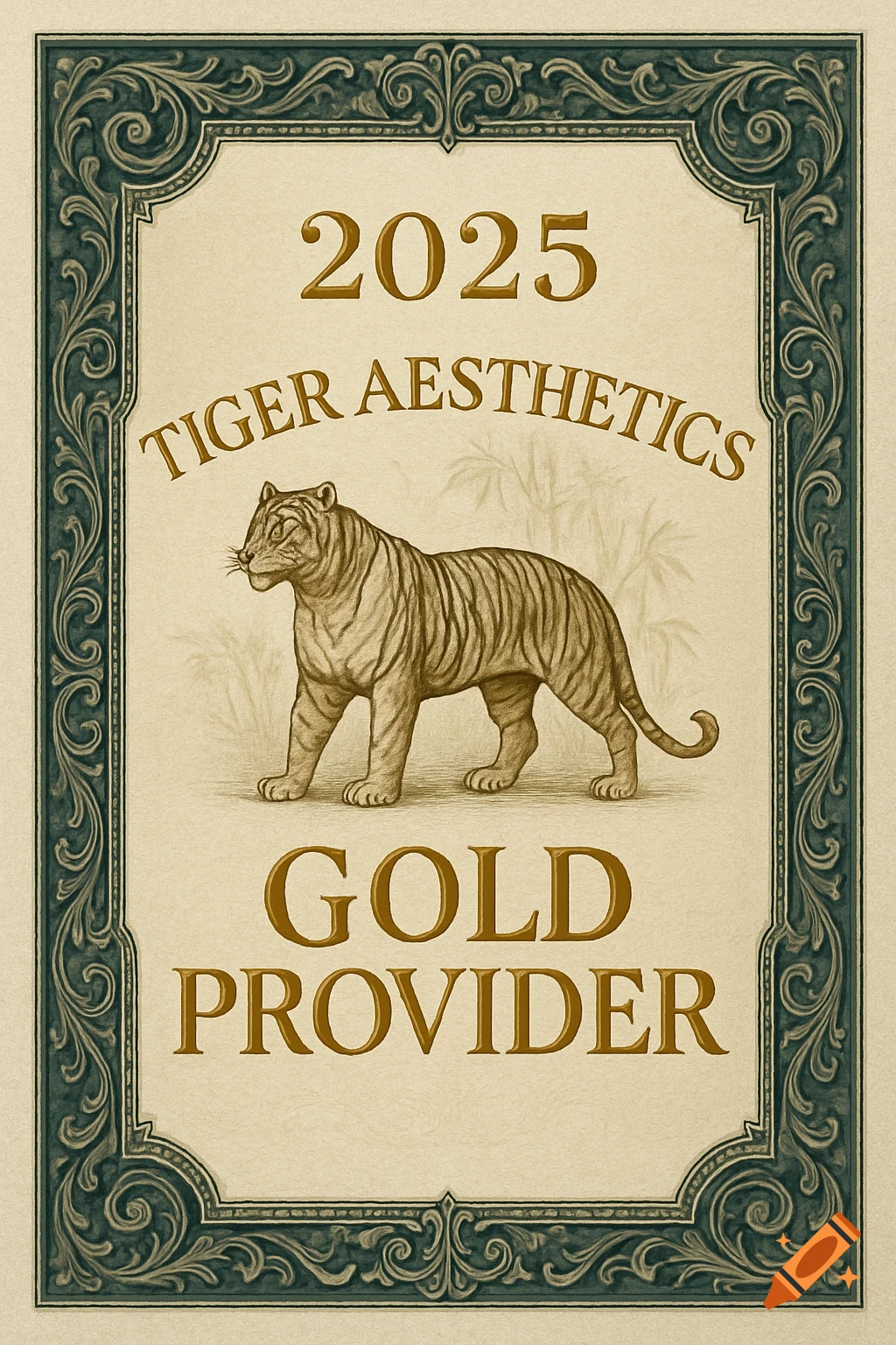 Vintage-style award certificate with a brown tiger illustration and the text '2025 Tiger Aesthetics Gold Provider' framed by an ornate border.