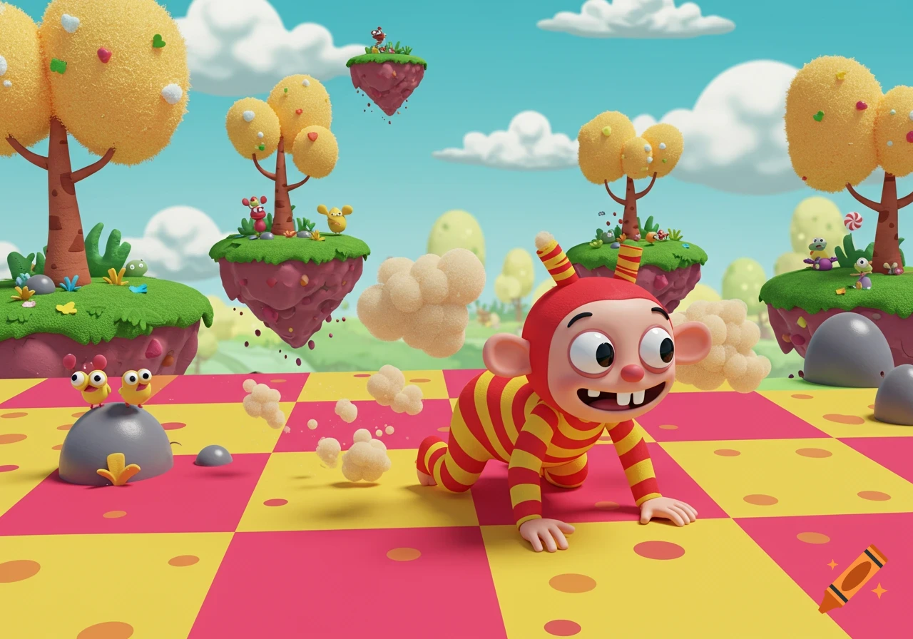 A cute 3D cartoon character in a red and yellow striped suit crawls across a checkered floor in a whimsical world with floating islands.
