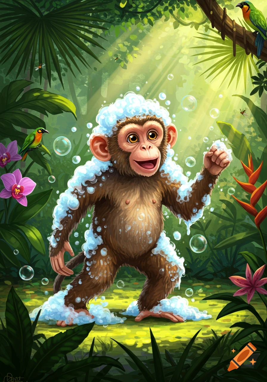 A cheerful cartoon monkey covered in shampoo bubbles dances in a vibrant green jungle with birds and flowers.