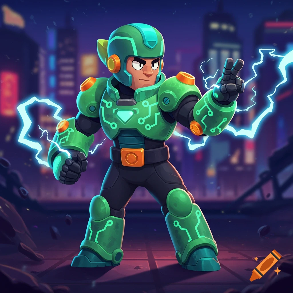A cartoon superhero character in a green and black suit with circuit patterns and lightning powers stands in a neon city.