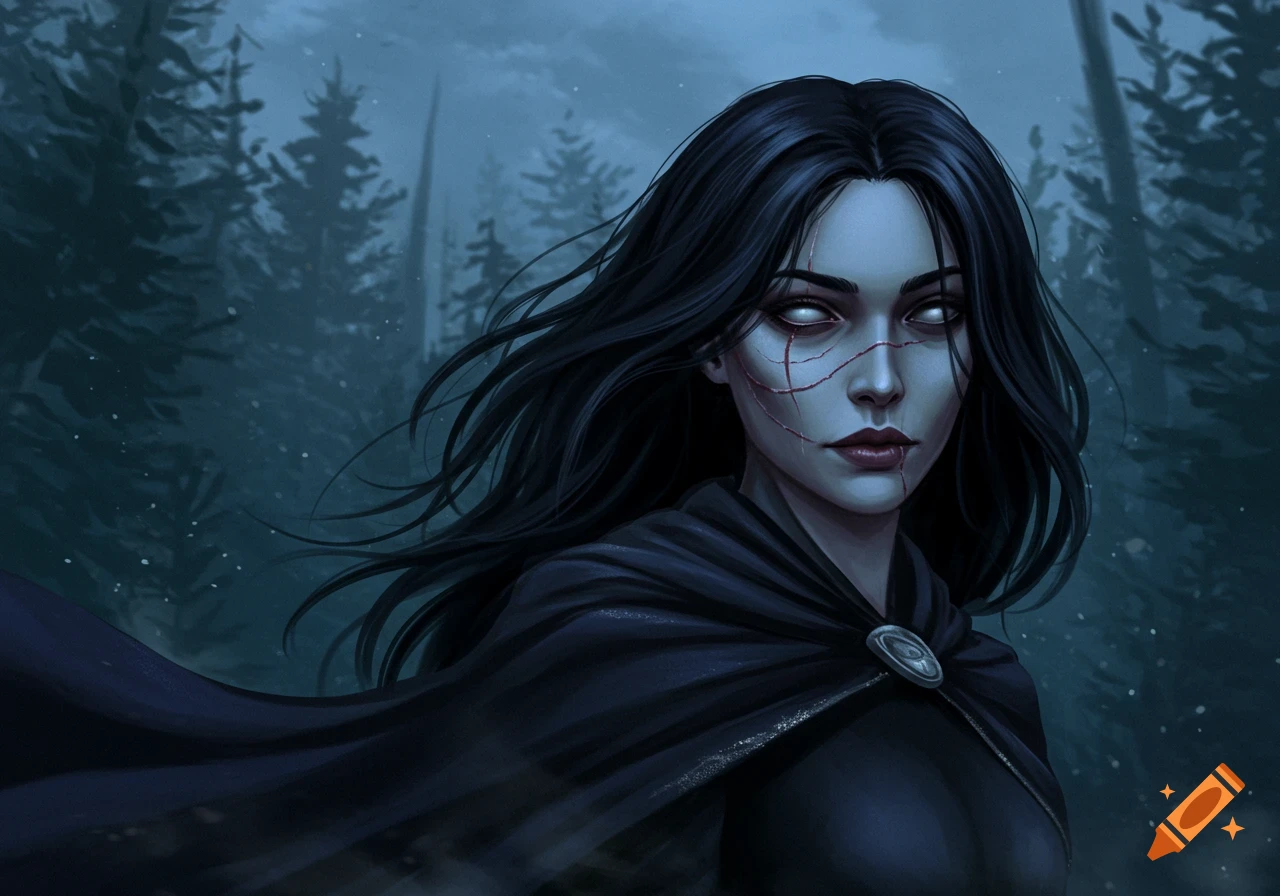 A dark fantasy digital painting of a black-haired woman with white eyes and facial scars, wearing a black cloak, in a dark forest.