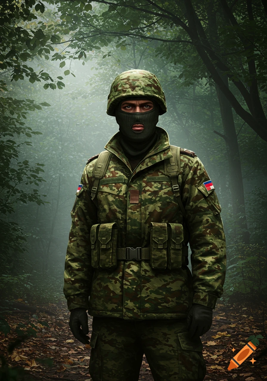 Photorealistic image of a soldier in camouflage fatigues and a black balaclava standing in a misty forest.
