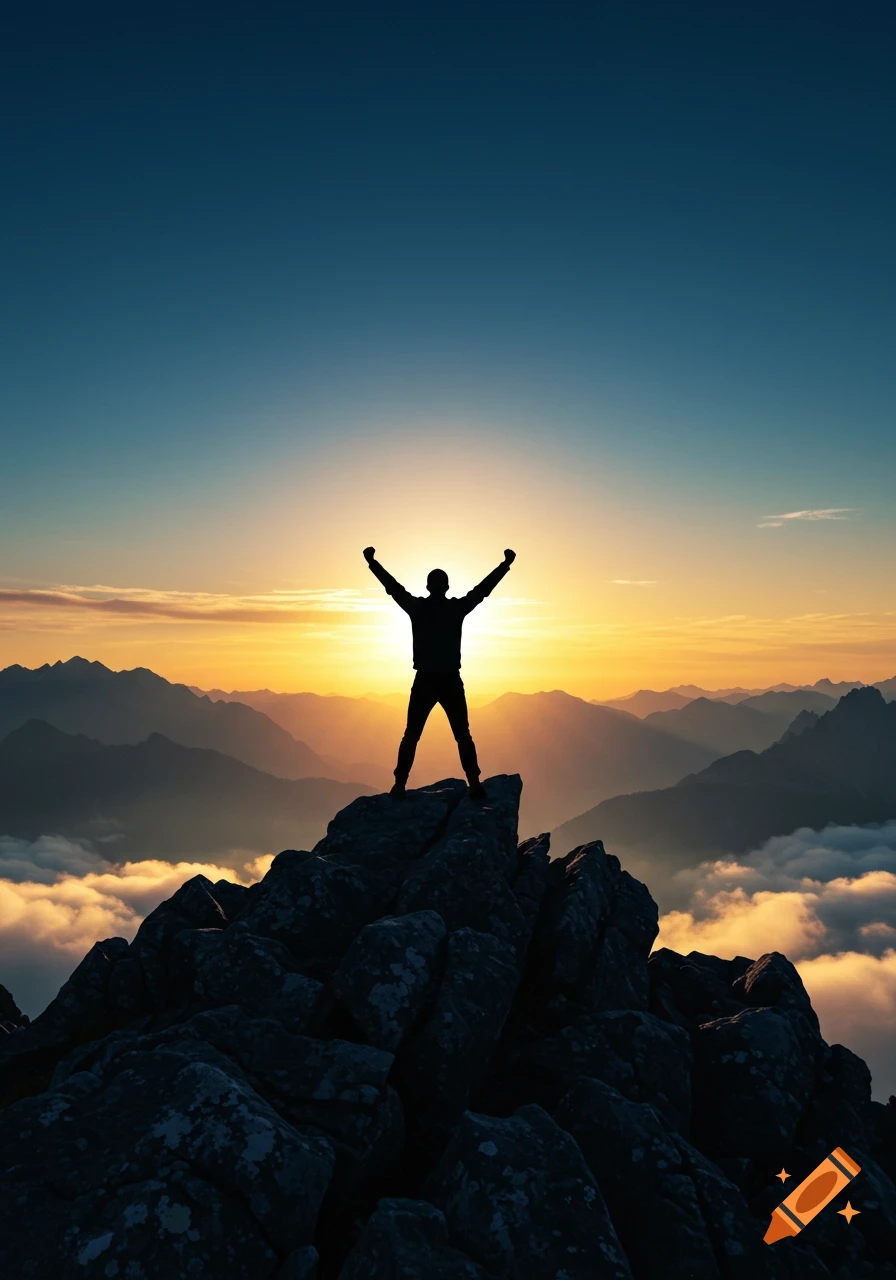 Silhouette of a person with raised arms standing on a mountain peak at sunrise, with layered mountains and clouds.