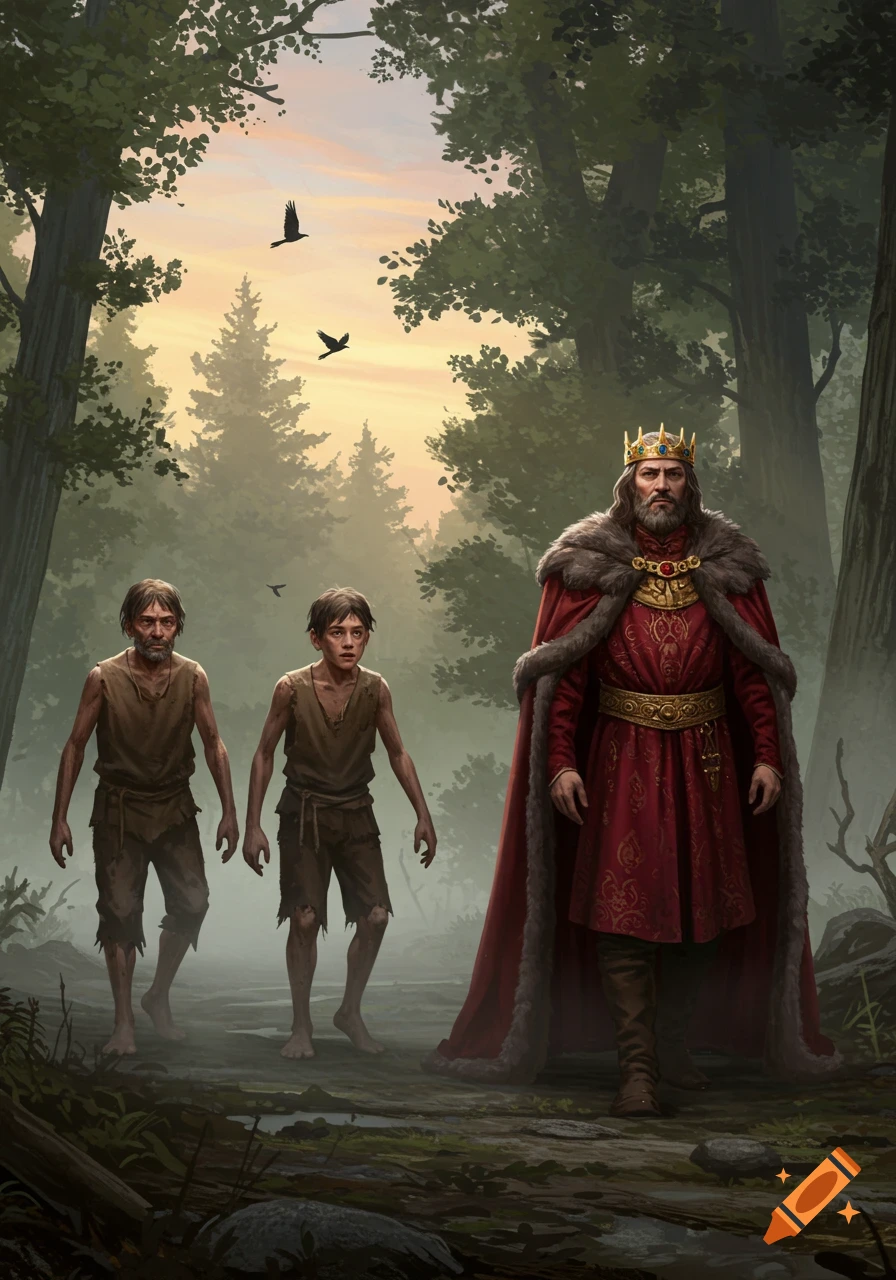 A king in a red robe and crown leads two poor peasants through a misty forest at sunset, with birds flying above.